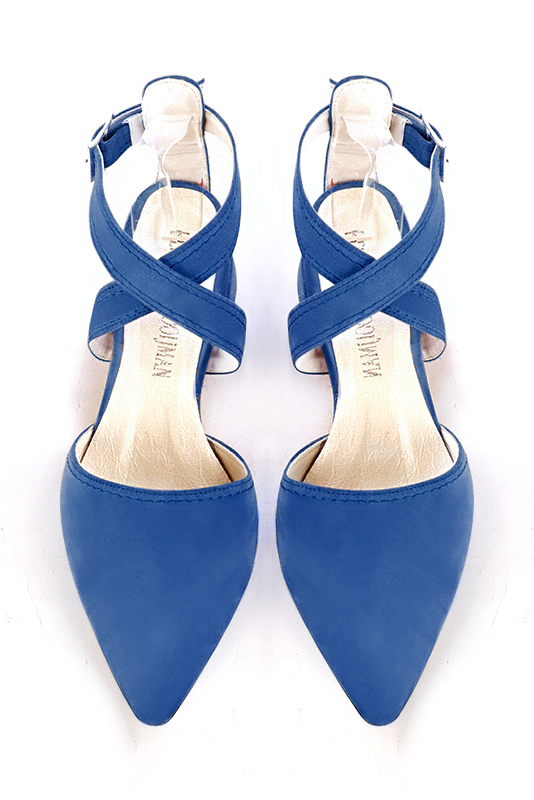 Electric blue women's open back shoes, with crossed straps. Tapered toe. Low flare heels. Top view - Florence KOOIJMAN